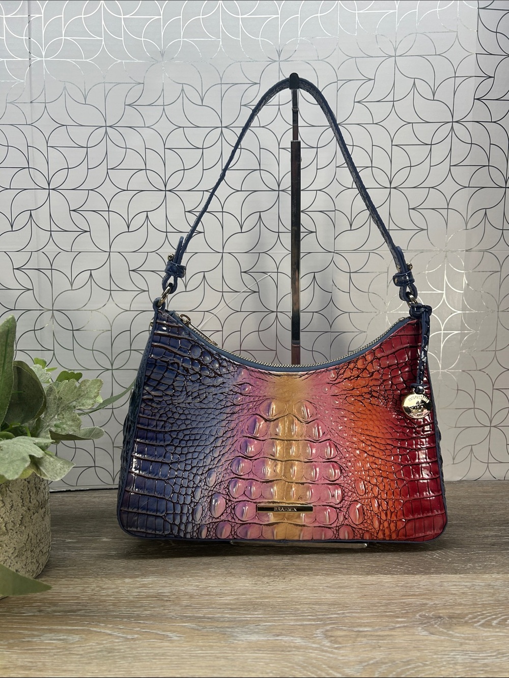 NWOT Brahmin Gradient Embossed Croc-Texture Shoulder Bag - Blue/Purple/Red